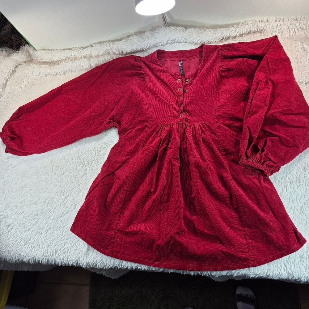 JW Style Vintage Inspired Red Corduroy Peasant Blouse Button Front Womans Small. - Picture 6 of 9